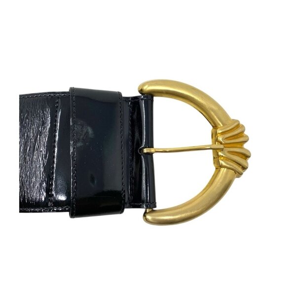 Lejon Womens Black Patent Leather Wide Belt‎ Large Gold Tone Buckle 80's Vibe M - Picture 2 of 7